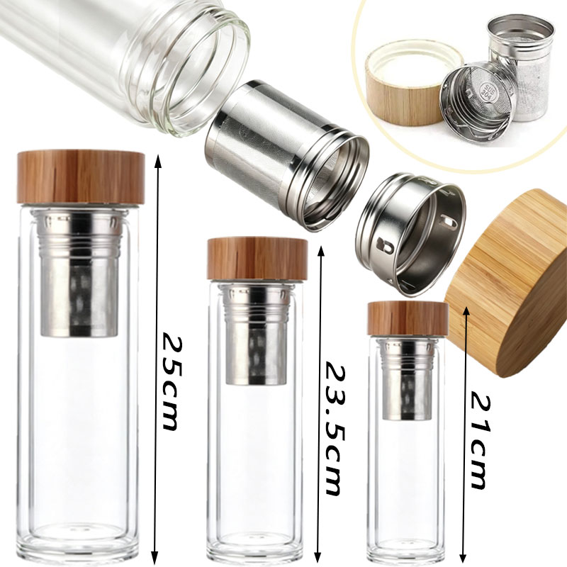 Bamboo Cutlery Travel - 300/400/500ml 이중 유리 티컵, 대나무 뚜껑