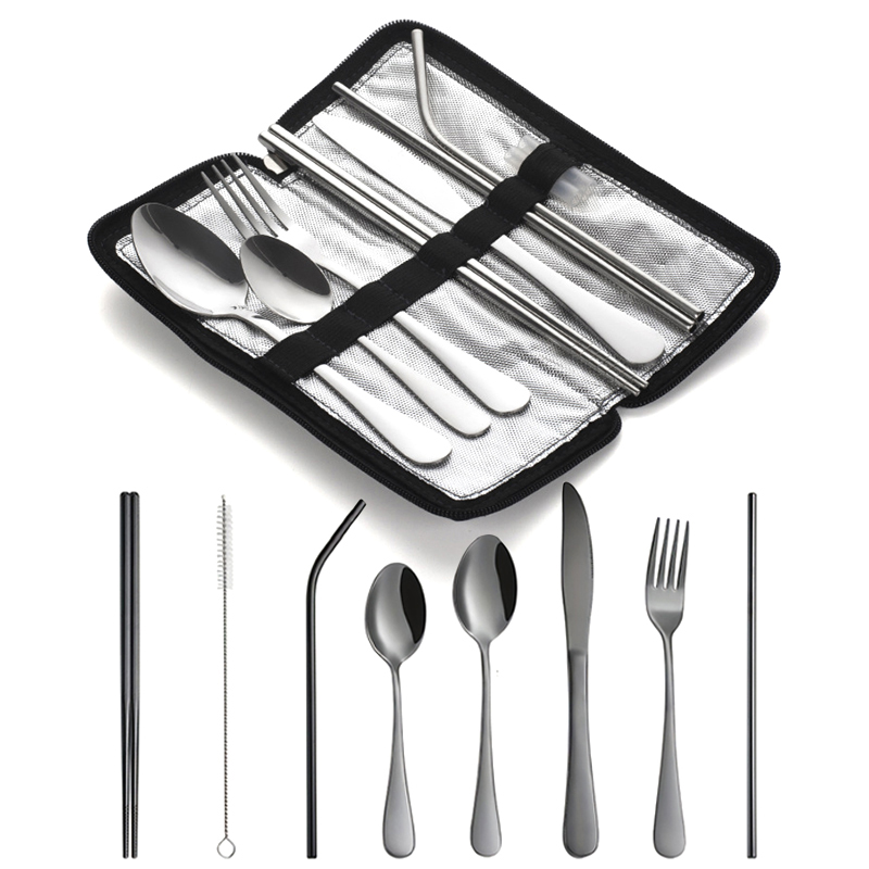 새로운 10종 휴대용 식기 세트 여행 캠핑용 스테인리스 - Bamboo Cutlery Travel 리뷰 및 가격